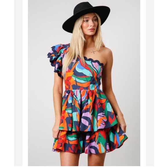 PEACE LOVE CALIFORNIA ADDIE ABSTRACT ONE SHOULDER TIERED MULTICOLOR MINI DRESS - Picture 8 of 16